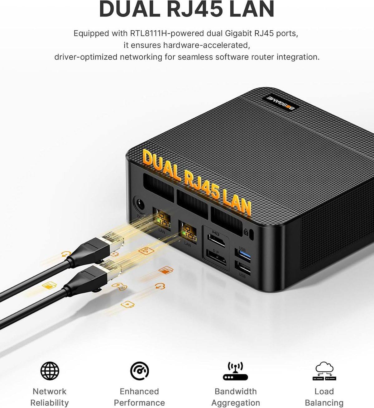 BOSGAME P6 rear panel showing the two gigabit RJ45 LAN ports driven by a Realtek RTL8111H controller, alongside DC input, HDMI, DisplayPort, and two USB-A ports