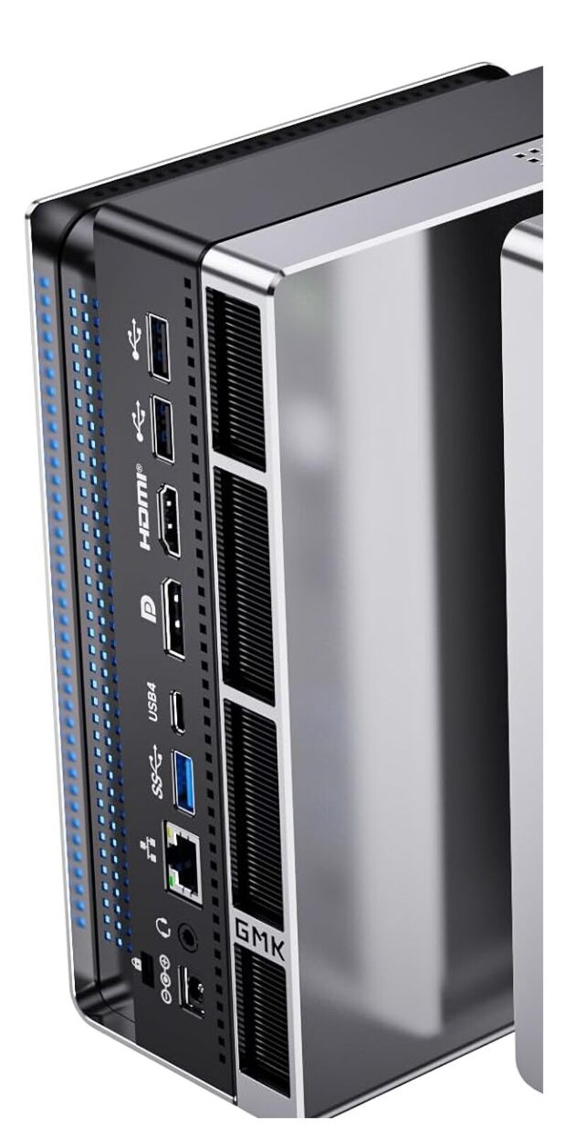 GMKtec EVO-X2 rear connectivity with Ethernet, display, USB, and audio ports