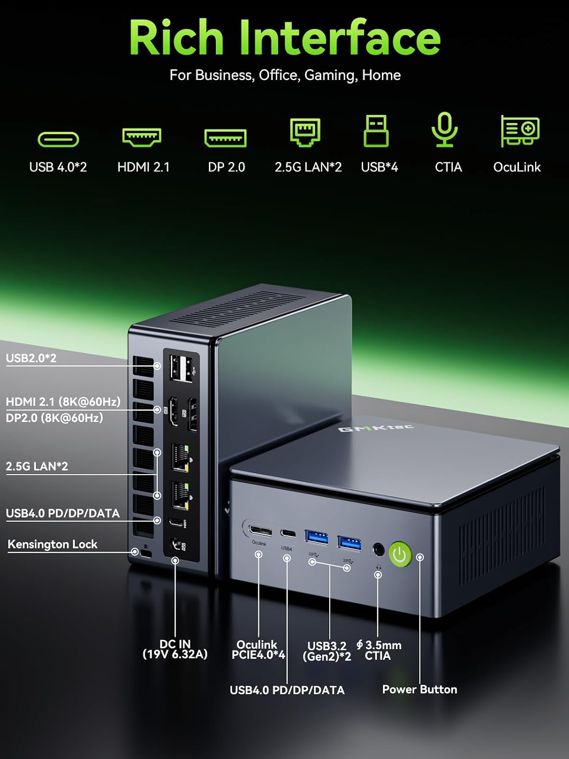 GMKtec M7 Ultra front and rear port layout showing the OCuLink port, dual 2.5GbE, USB4, HDMI and DisplayPort