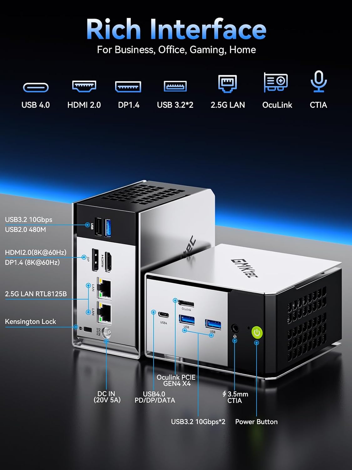 GMKtec M8 front and rear port layout showing the OCuLink port, dual 2.5GbE, USB4, HDMI and DisplayPort