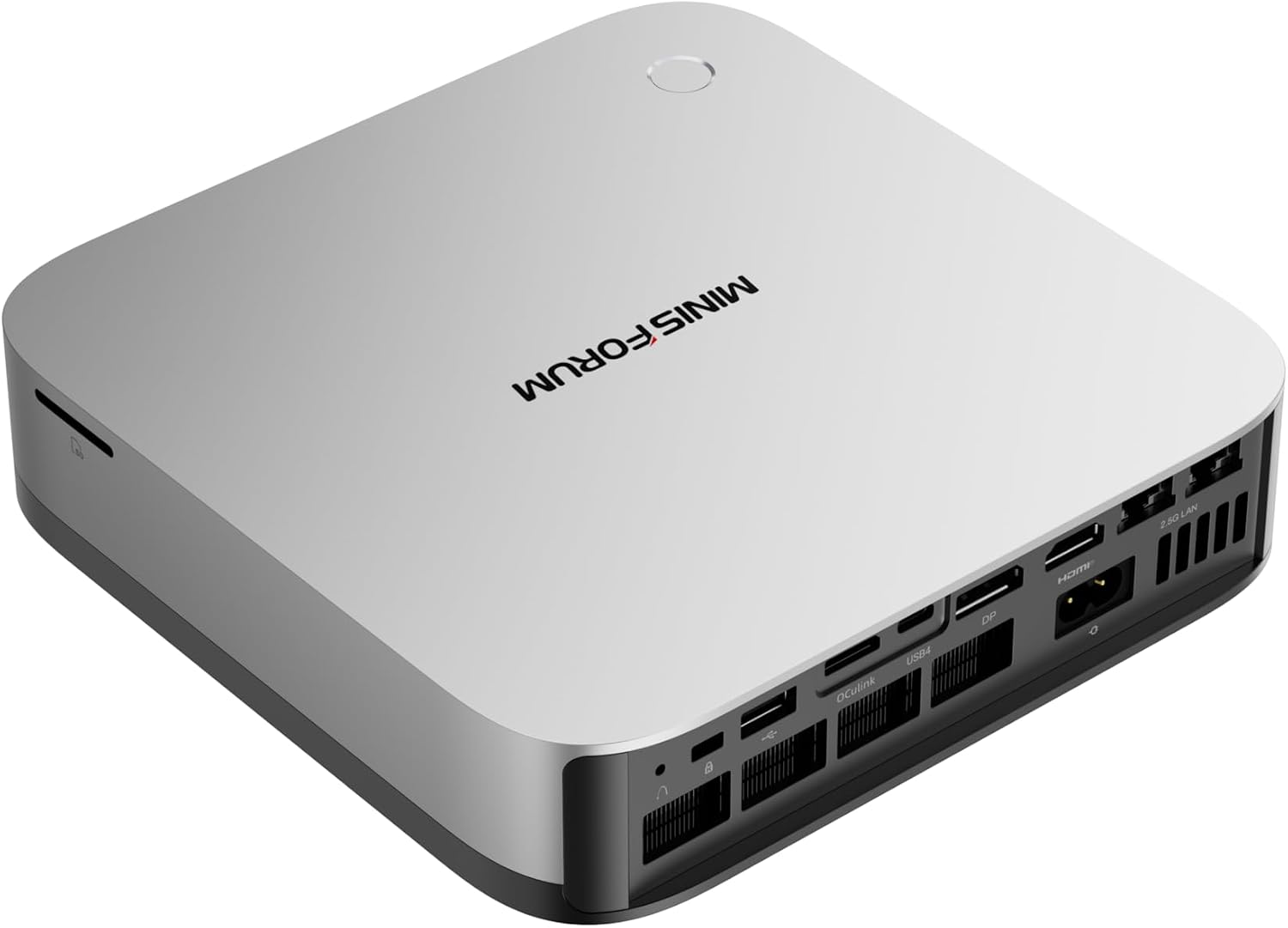 Rear ports on the MINISFORUM AI X1 Pro-370 showing OCuLink, dual 2.5GbE, USB4, display, and USB ports