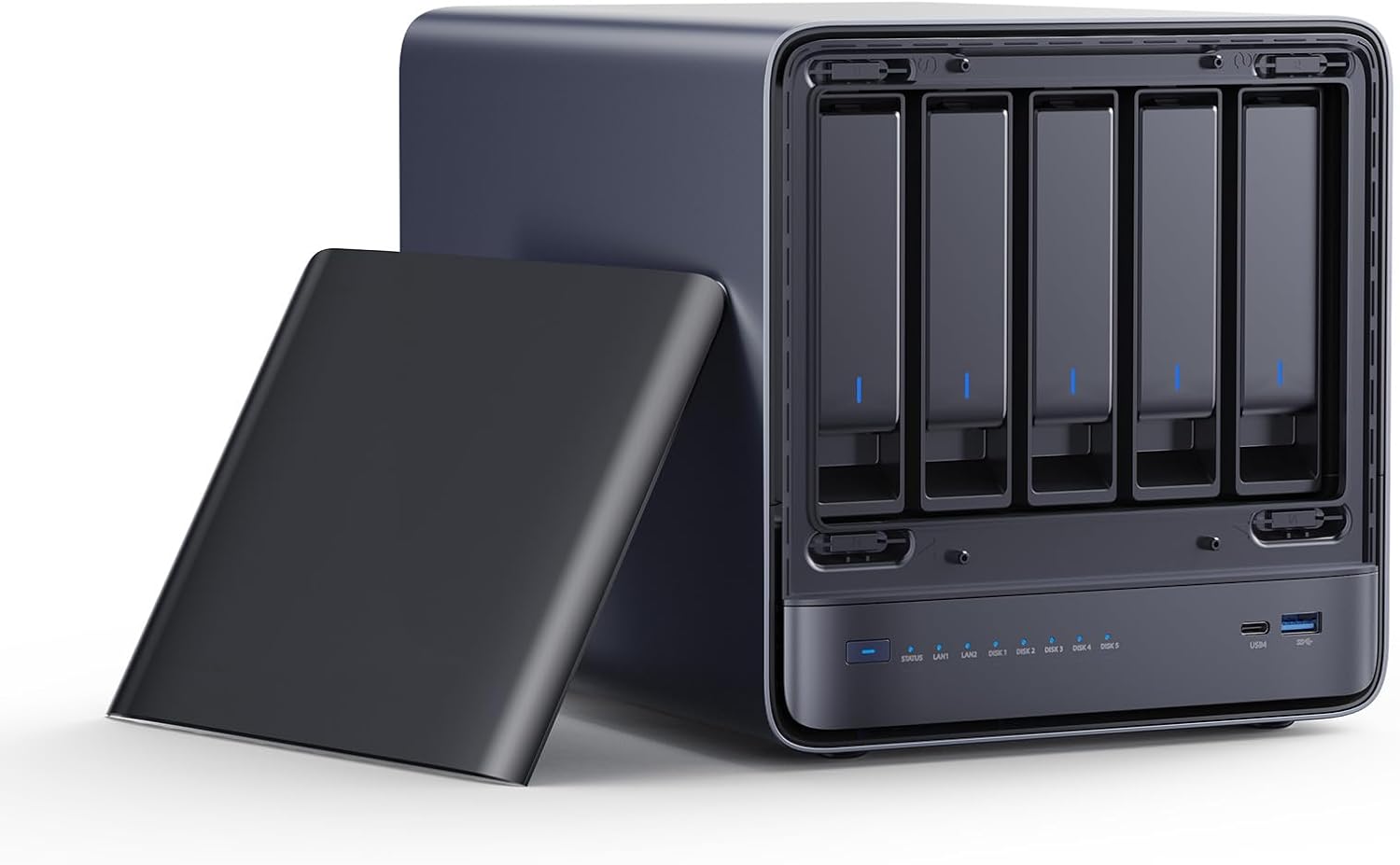 MINISFORUM N5 Air with its removable cover and five hard-drive bays exposed