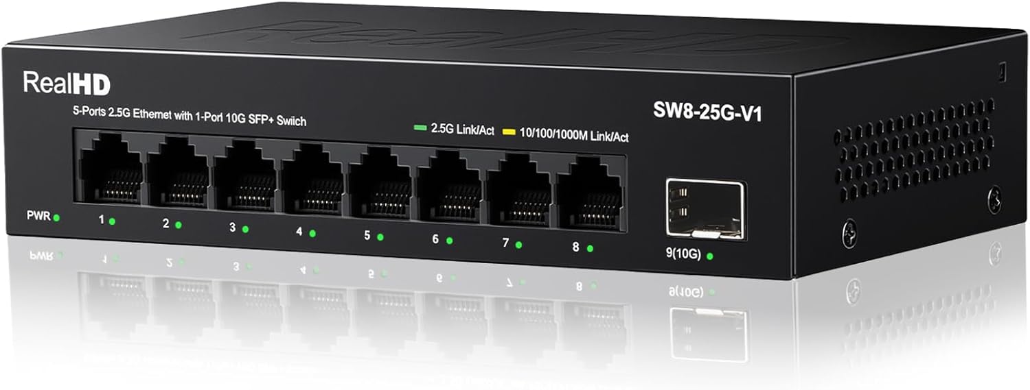 Real HD SW8-25G fanless 2.5GbE switch with 10G SFP+ port